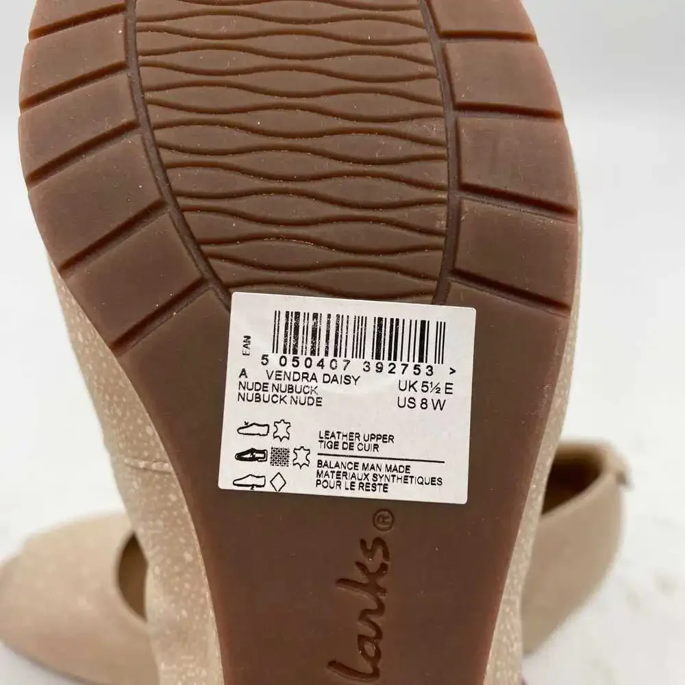 Clarks Tan Vendra Daisy Peep Toe Wedges | Leather, US 8